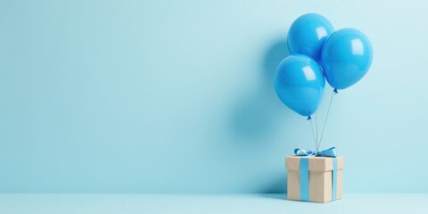 Poster - A gift box adorned with a light blue ribbon, lifted by a trio of buoyant blue balloons against a serene pastel backdrop