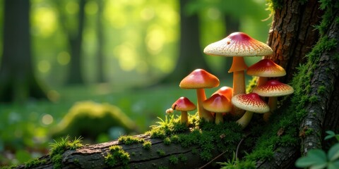 Poster - Enchanted Forest Fungi A Cluster of Vibrant Mushrooms Growing on Moss-Covered Log in a Sun-Dappled Woodland