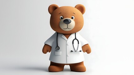 Poster - Teddy Bear Wearing Doctor s Coat and Holding Stethoscope in Healthcare Clinic