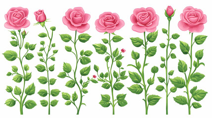 Sticker - Pink roses, growth stages, white background, floral design