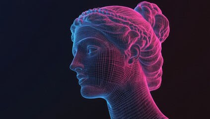 Poster - 3D rendered classic sculpture Metaverse avatar with network of low-poly glowing purple lines. Machine learning and artificial intelligence