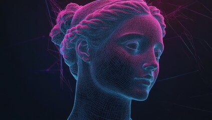 Poster - 3D rendered classic sculpture Metaverse avatar with network of low-poly glowing purple lines. Machine learning and artificial intelligence