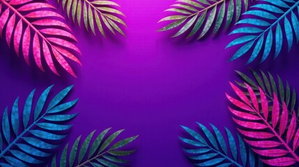 Poster - Vibrant Tropical Foliage Arranged on a Bold Purple Background, Ideal for Summer Designs and Festive Projects