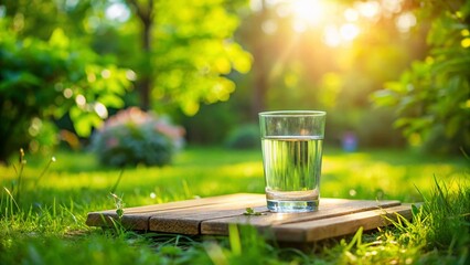 Wall Mural - Tilt-Shift Photography: Glass of Water on Wooden Board in Lush Green Garden