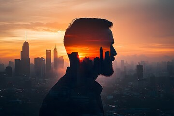 Poster - Silhouette of a Man Against a Vibrant City Sunset Background
