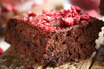 Wall Mural - Homemade gluten-free brownie made with red kidney beans, oat flakes, chocolate and freeze-dried raspberries