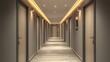 © Fiva - Empty hotel corridor with warm lighting and wooden floor