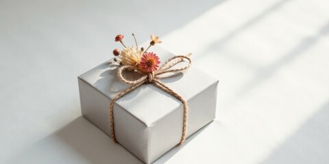 Poster - A delicately wrapped gift box adorned with dried floral accents, bathed in soft sunlight.