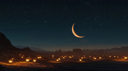 Wall Mural - Beautiful lanterns illuminating the desert at night under a crescent moon sky, capturing the spirit of ramadan and eid celebrations in a peaceful and magical atmosphere
