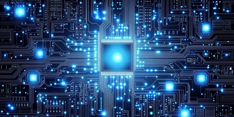 Poster - Glowing Blue Circuit Board A Futuristic Depiction Of Technology, Vector Illustration.
