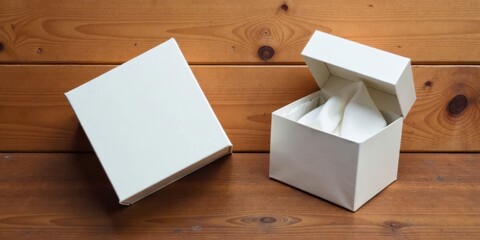 Poster - Two off-white square gift boxes on a wood surface, one open revealing tissue paper