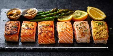 Wall Mural - Delicious Grilled Salmon Fillets Assortment, Gourmet Seafood Dinner on Black Slate Background