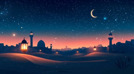 Wall Mural - Beautiful lanterns illuminating the desert at night under a crescent moon sky, capturing the spirit of ramadan and eid celebrations in a peaceful and magical atmosphere
