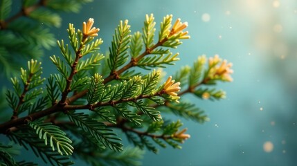 Poster - Close-up view of a vibrant evergreen branch with delicate, new growth tips, bathed in soft, warm sunlight against a tranquil blue backdrop
