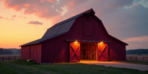 Aufkleber - Rustic red barn glows at sunset, illuminated doors open wide, inviting exploration of the tranquil countryside farm