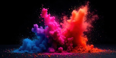Poster - Vibrant Explosions of Color A Dynamic Composition of Crimson, Magenta, and Azure Powder Clouds Against a Pitch-Black Background