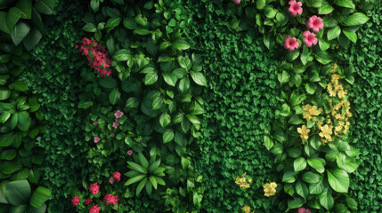 Wall Mural - Lush green wall adorned with vibrant flowers, creating serene atmosphere. This beautiful arrangement of plants and blossoms enhances any space with its natural charm