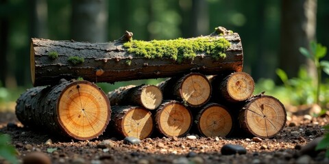 Aufkleber - Sun-dappled woodland scene featuring a stack of neatly arranged logs, one topped with vibrant green moss, resting on a bed of earth and small stones