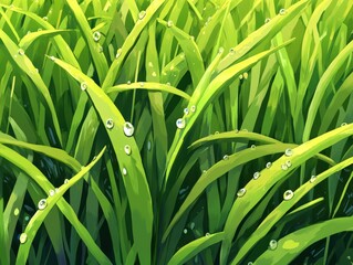 Wall Mural - Morning dew glistens on vibrant green grass blades