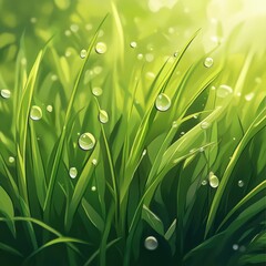 Wall Mural - Dewdrops glisten on green grass in morning light