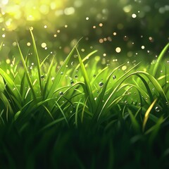 Wall Mural - Dewdrops glisten on lush green grass in morning light