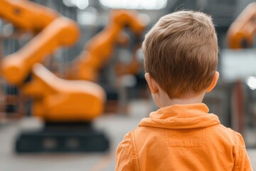 Poster - Young Boy Observes Robotic Arms Working in Modern Industrial Environment