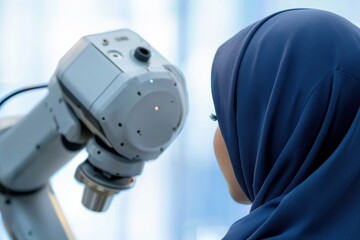 Poster - Muslim woman inspecting robotic systems in a modern technology environment
