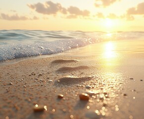 Wall Mural - Footprints in sand at sunset on a tranquil beach