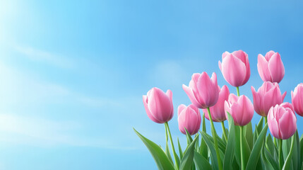 Wall Mural - Beautiful pink tulips against clear blue sky create serene and vibrant scene, perfect for springtime. flowers stand tall with lush green leaves, evoking feelings of joy and renewal