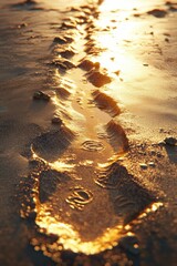 Wall Mural - Footprints glimmering in the golden sands at sunset