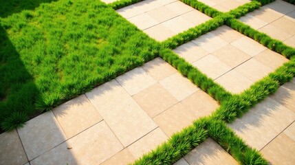 Aufkleber - Serene outdoor space design featuring a geometric pattern of light beige paving stones intersected by vibrant green grass borders creating a visually appealing landscape.
