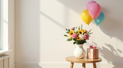 Poster - A sunlit room features a small side table holding a bouquet of cheerful flowers in a vase, a gift box tied with a ribbon, and a cluster of pastel-colored balloons floating nearby.