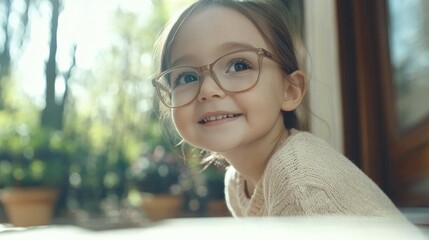 Wall Mural - A young girl wearing glasses is smiling and looking at the camera. Concept of innocence and happiness, as the child appears to be enjoying a moment of her day