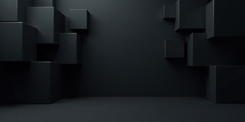 Poster - Abstract Dark Room with Asymmetrical Cube Arrangement Forming a Dramatic and Stylish Background