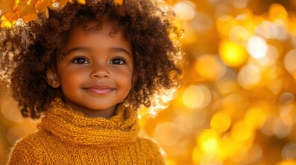 Wall Mural - A young girl with curly hair is wearing a yellow sweater and smiling. The image has a warm and cheerful mood, with the girl's smile and the bright colors of her sweater and the surrounding environment