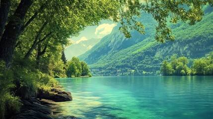 Wall Mural - Serene Lakeside Mountain Vista: A Breathtaking Summer Scene