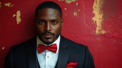 Wall Mural - A man in a suit and red bow tie poses for a photo. Concept of elegance and sophistication, as the man is dressed in formal attire and is standing in front of a red background