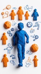 Poster - blue lowpoly person walking among fitness icons