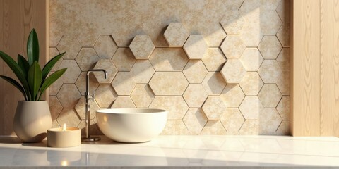 Poster - Serene Minimalist Bathroom Design Featuring a Modern Vessel Sink and Honeycomb Tile Backsplash