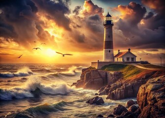 Wall Mural - Vintage Lighthouse & Coastal Nature Scene: Dramatic Seascape Sunset