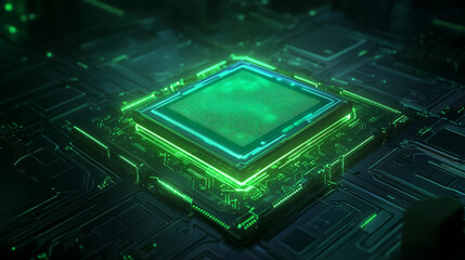 Poster - close up of glowing quantum computing chip surrounded by intricate circuitry, showcasing advanced technology and innovation. vibrant green light adds futuristic feel to image