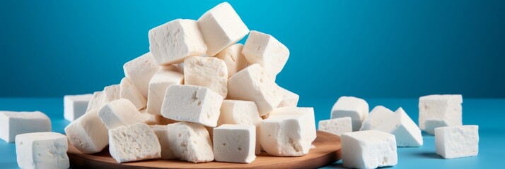 Poster - Textured white bread slices against a sky blue background in soft light blue and brown tones