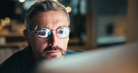 Leinwandbilder - Man, night and computer reflection in glasses, chief financial officer and online for statistics. Budget, review and digital graphs for expenses report in workplace, investment feedback and website