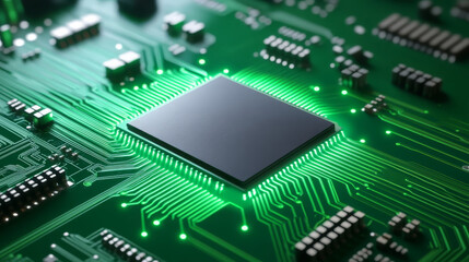 Poster - close up shot of green PCB board featuring intricate circuitry and central microchip, showcasing complexity and technology of modern electronics
