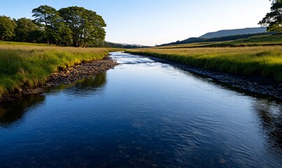 Wall Mural - Picturesque riverside view with lush meadows in the serene countryside