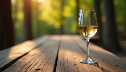 Wall Mural - Crystal glass of crisp white wine sits on rustic long wooden table, glass, drink, wood