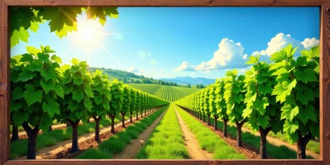 Poster - A sunlit vineyard path framed by lush green leaves and a vibrant sky, showcasing the beauty of nature's bounty and the promise of a fruitful harvest.