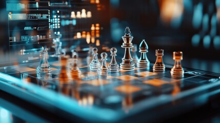 Poster - Chessboard with Glass Pieces and Digital Background in Blue Light