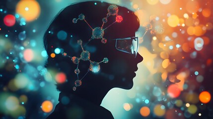 Poster - Silhouette of Person with Molecular Structures and Colorful Bokeh