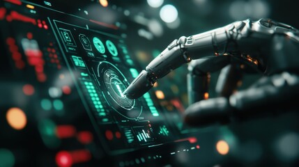 Poster - Futuristic Robot Hand Interacting with Advanced Digital Interface
